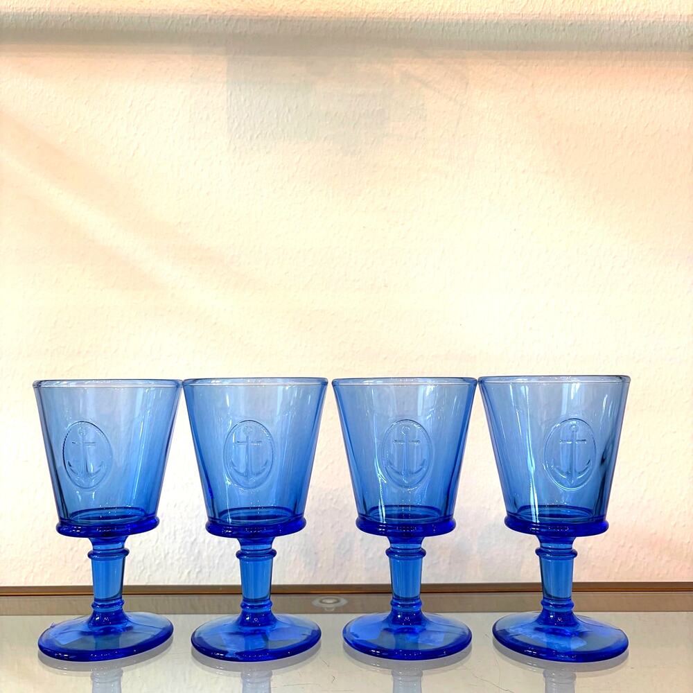 La Rochere France Cobalt Blue Anchor Goblets Set of 4 Wine Glasses NEW